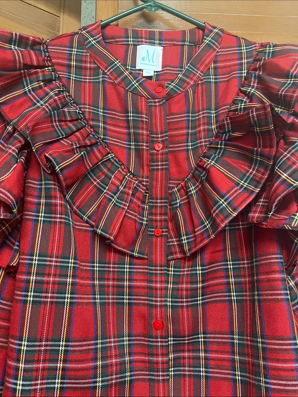 Red Plaid Ruffle Button-Front Women's Top - Picture 4 of 6